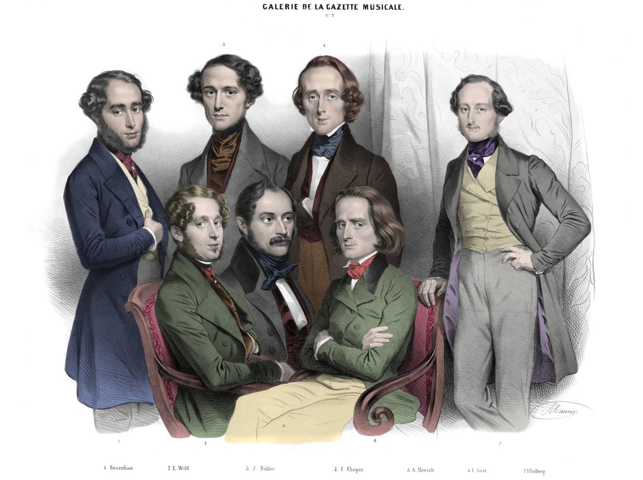 Galerie de la Gazette müzikali N. 2. 1842 Ünlüleri: Frederic Chopin (1810-1849) Franz Liszt (1811-1886), Jacob (Jakob, Jacques) Rosenhain, Edouard Wolff, Sigismund Thalberg, Adolf von Henselt, Theodor (Theodore) Dohler (1814-1856). Nicolas tarafından gravü by Nicolas Eustache Maurin