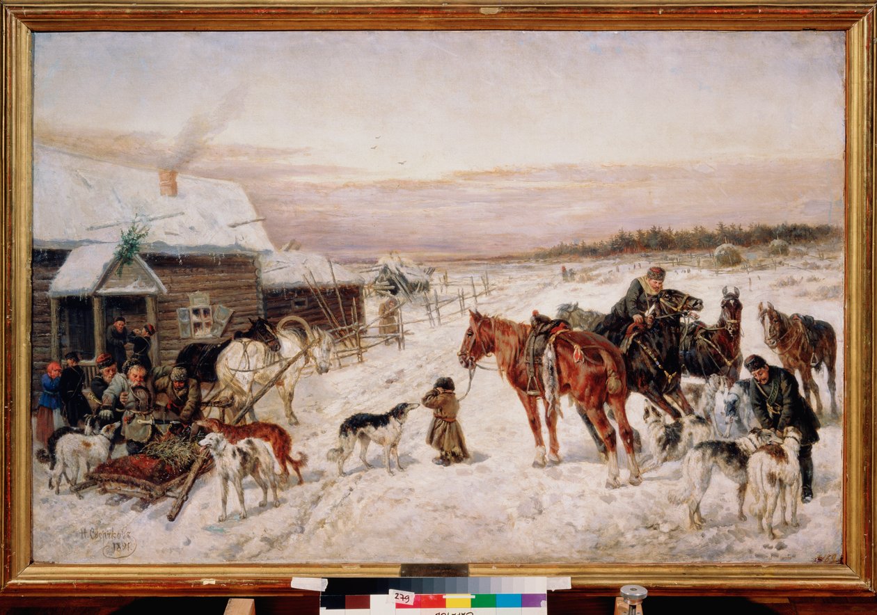 Kışın bir bardan önce (Kışın bir bardan önce) - Nikolai Yegorovich Sverchkov (Nicolas Swertschkoff) (1817-1898), tuval üzerine yağlı boya tablo by Nicolas Gregorovitch Svertschkoff