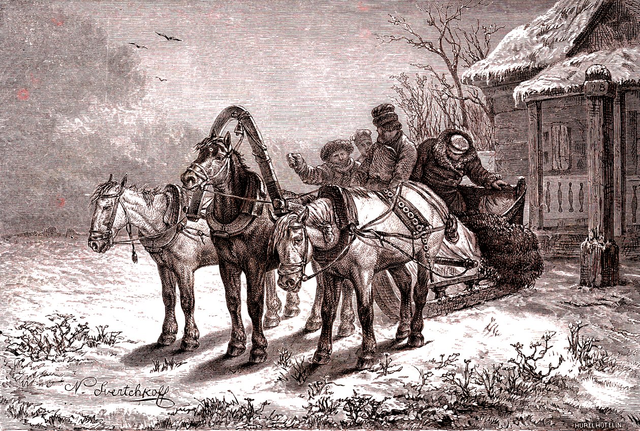 Rusya. 1865'teki aktarma istasyonu. Posta evi.1865 (Gravür) by Nicolas Gregorovitch Svertschkoff