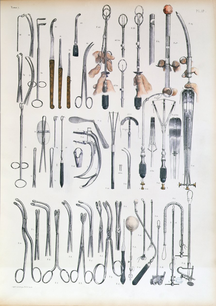 Bademcik ameliyatları için cerrahi aletler, Jean-Baptiste Marc Bourgery (1797-1849) 1866-67