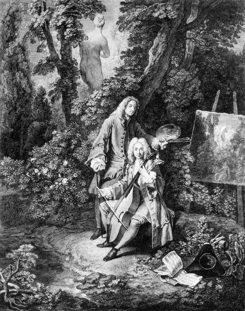 Ressam Jean Antoine Watteau (1684-1721) ve arkadaşı Jean De Jullienne (1686-1766), Nicolas Henri Tardieu tarafından gravür by Nicolas Henri Tardieu