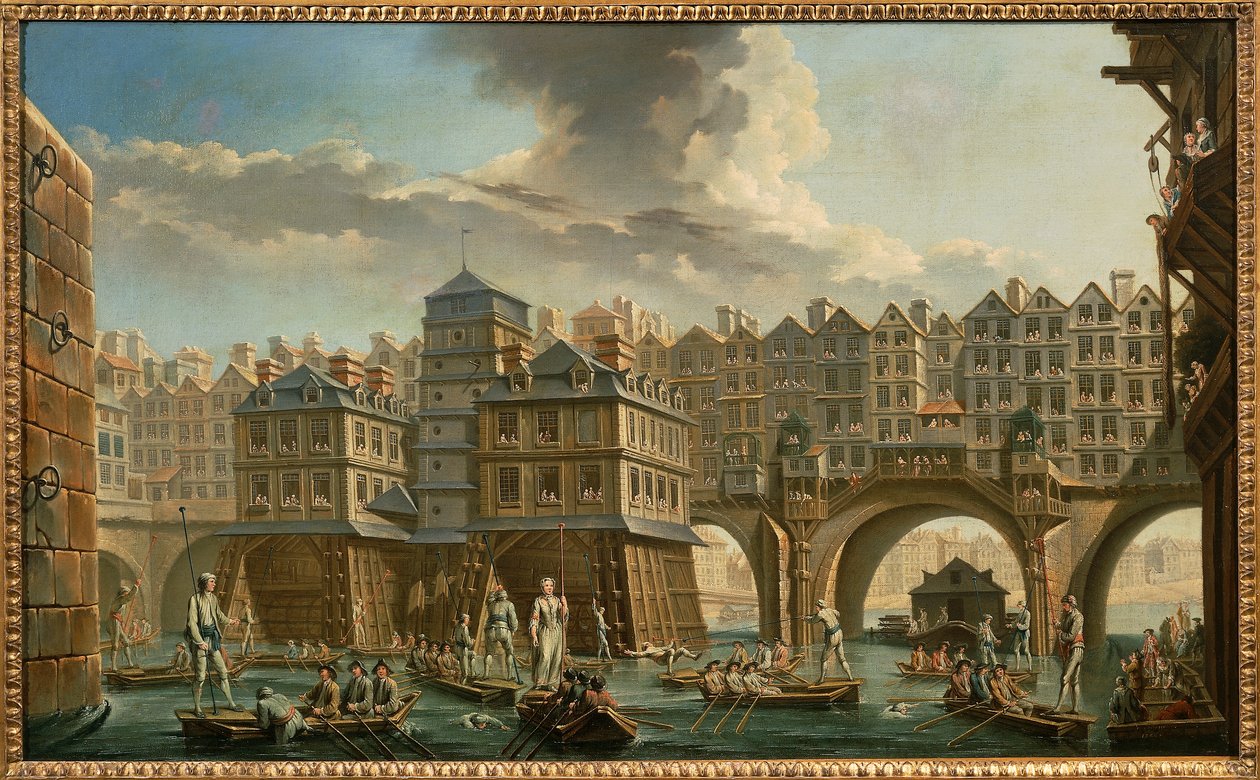 Paris, Pont Notre-Dame ve Pont au Change arasında kayıkçıların mızrak dövüşü by Nicolas and Jean Baptiste Raguenet
