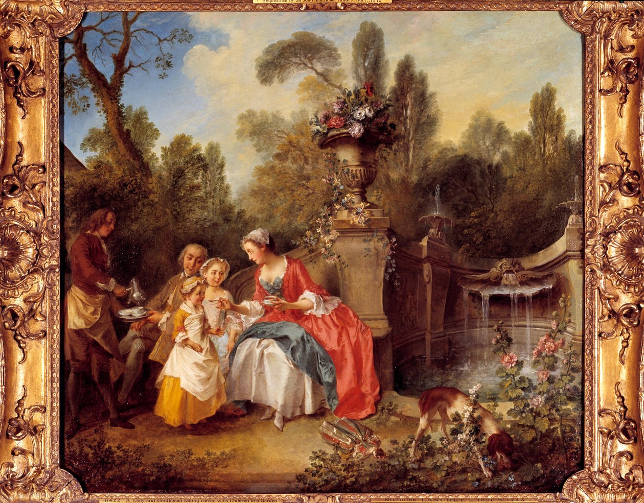 Bahçede çocuklarla kahve içen ya da bir fincan çikolatalı kadın tablosu Nicolas Lancret (1690-1743) by Nicolas Lancret