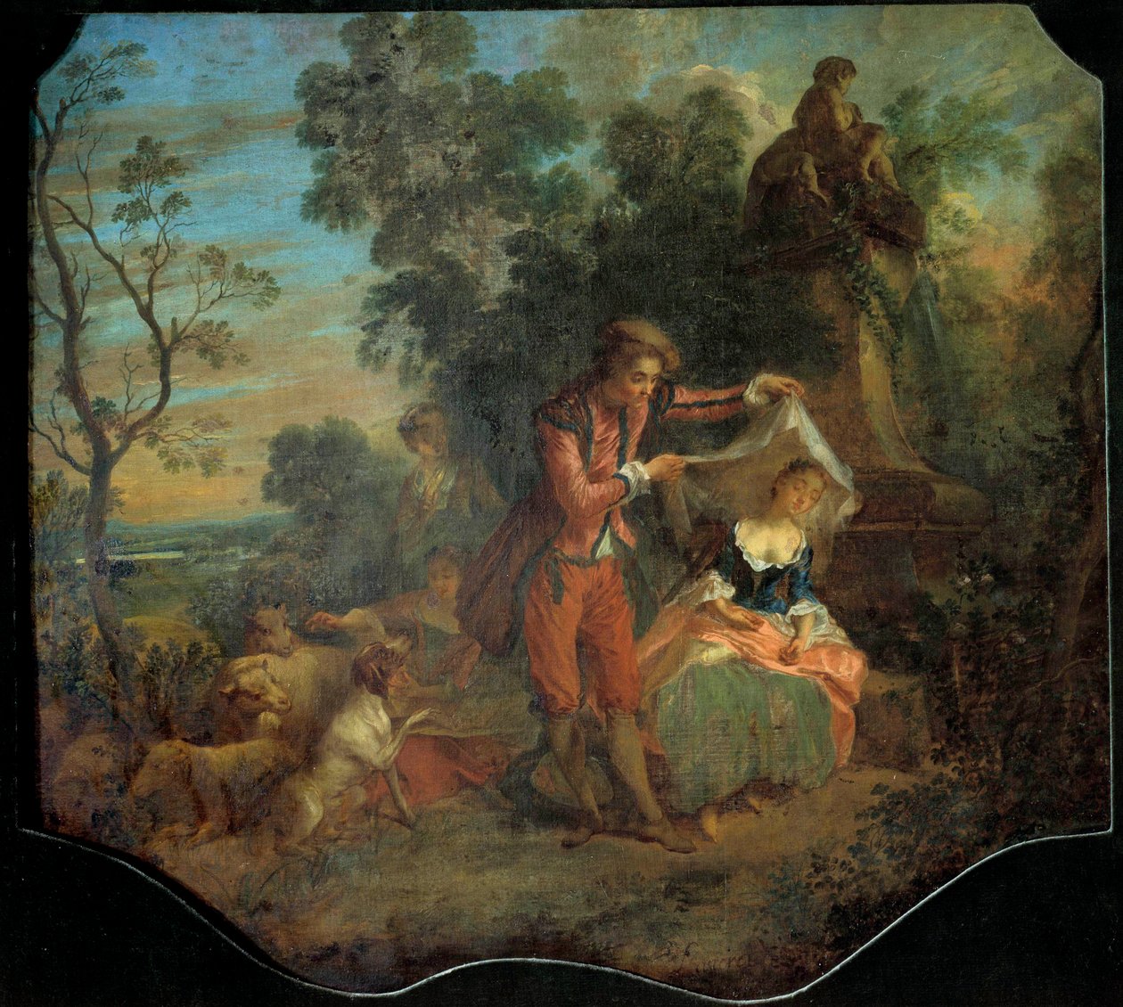 Çoban, genç bir çobanın, altında uyuduğu peçeyi kaldırdığı genç bir çobanı betimleyen, düşüncesiz Pastoral Sahne. Nicolas Lancret