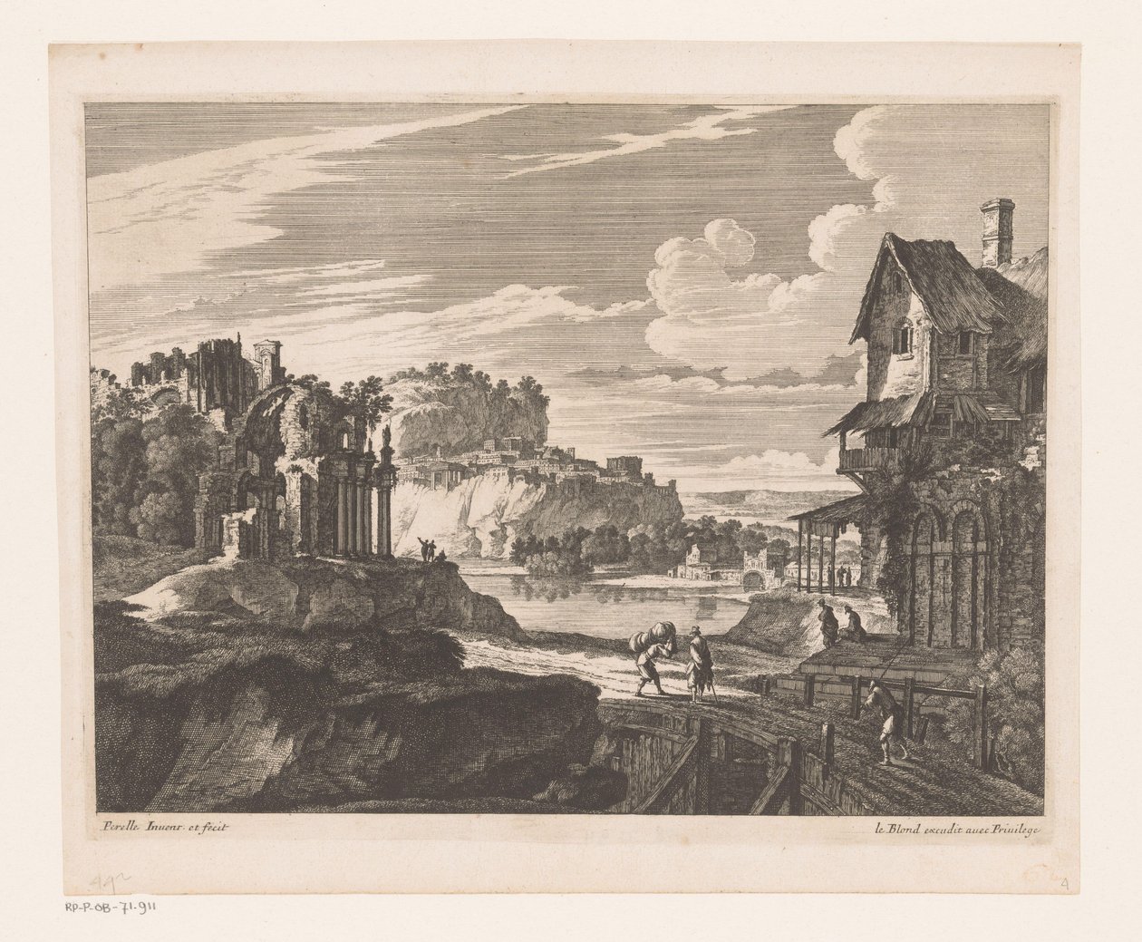 Nehir boyunca evler ve harabeler ile manzara by Nicolas Perelle