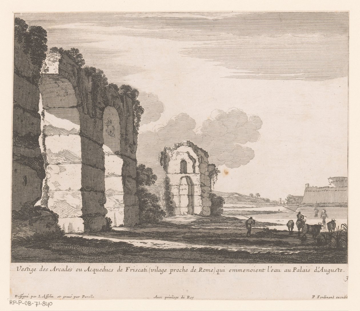 Kalıntılar ve inek çobanları ile manzara Vestige des Arcades ou Aqueducs de Friscati (...) (nesne üzerindeki başlık) by Nicolas Perelle