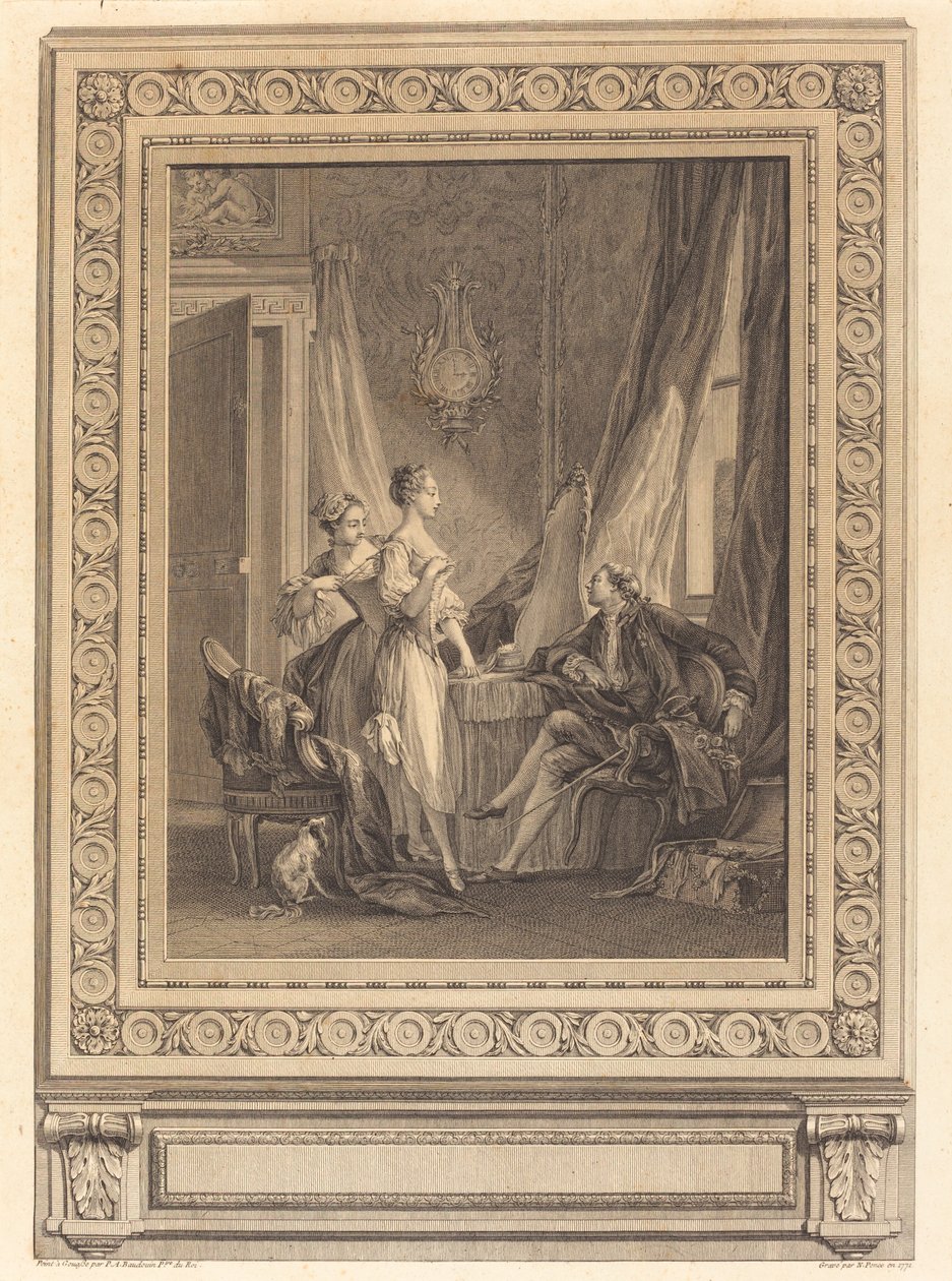 Tuvalet by Nicolas Ponce after Pierre Antoine Baudouin with border by Charles Nicolas Cochin II