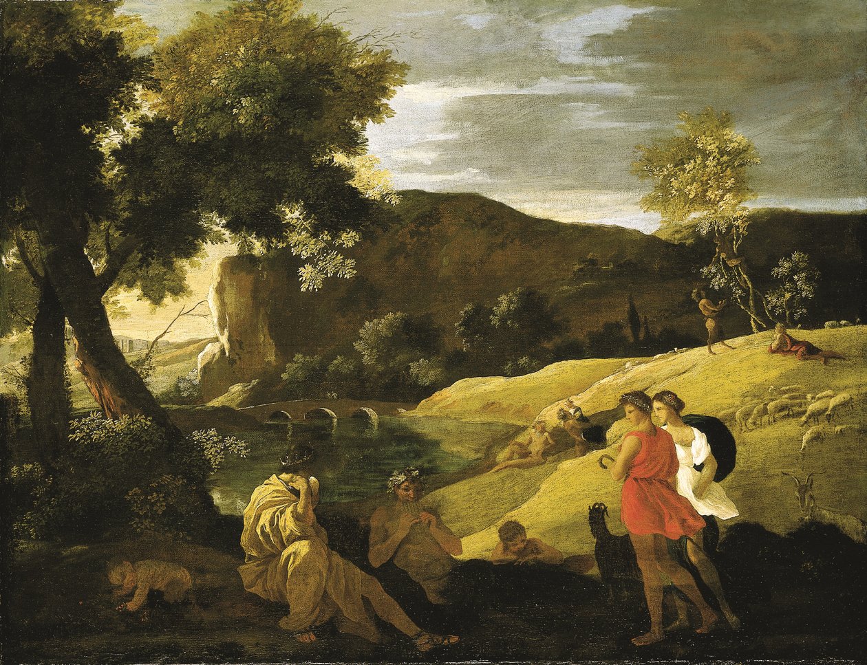 Pan ve Bacchus efsanelerinden hikayeler içeren bir Arkadya manzarası (tuval üzerine yağlı boya) by Nicolas Poussin