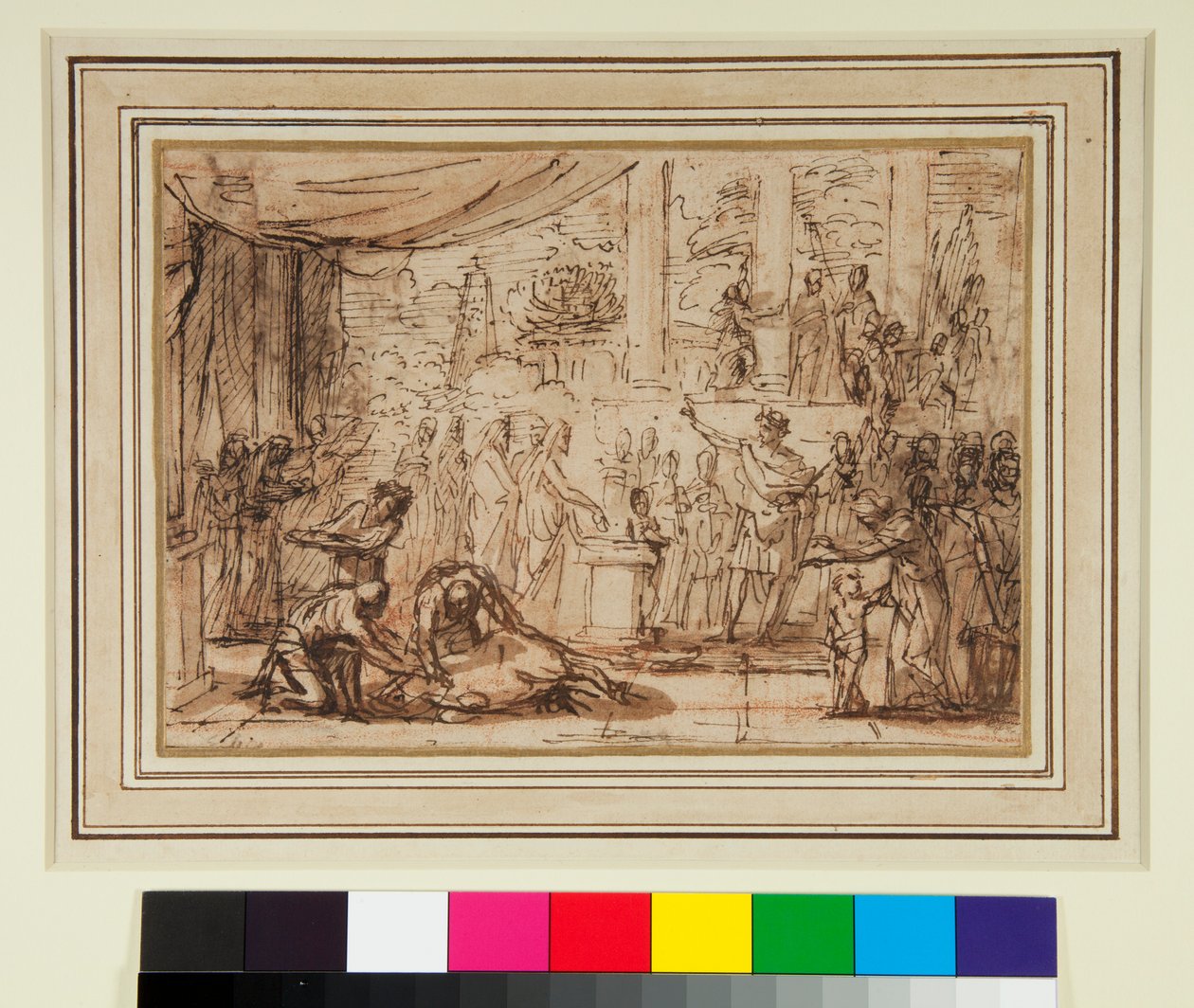 Bir Tapınakta Antik Kurban (kırmızı tebeşir üzerine kalem ve kahverengi mürekkep ve kahverengi yıkama) by Nicolas Poussin