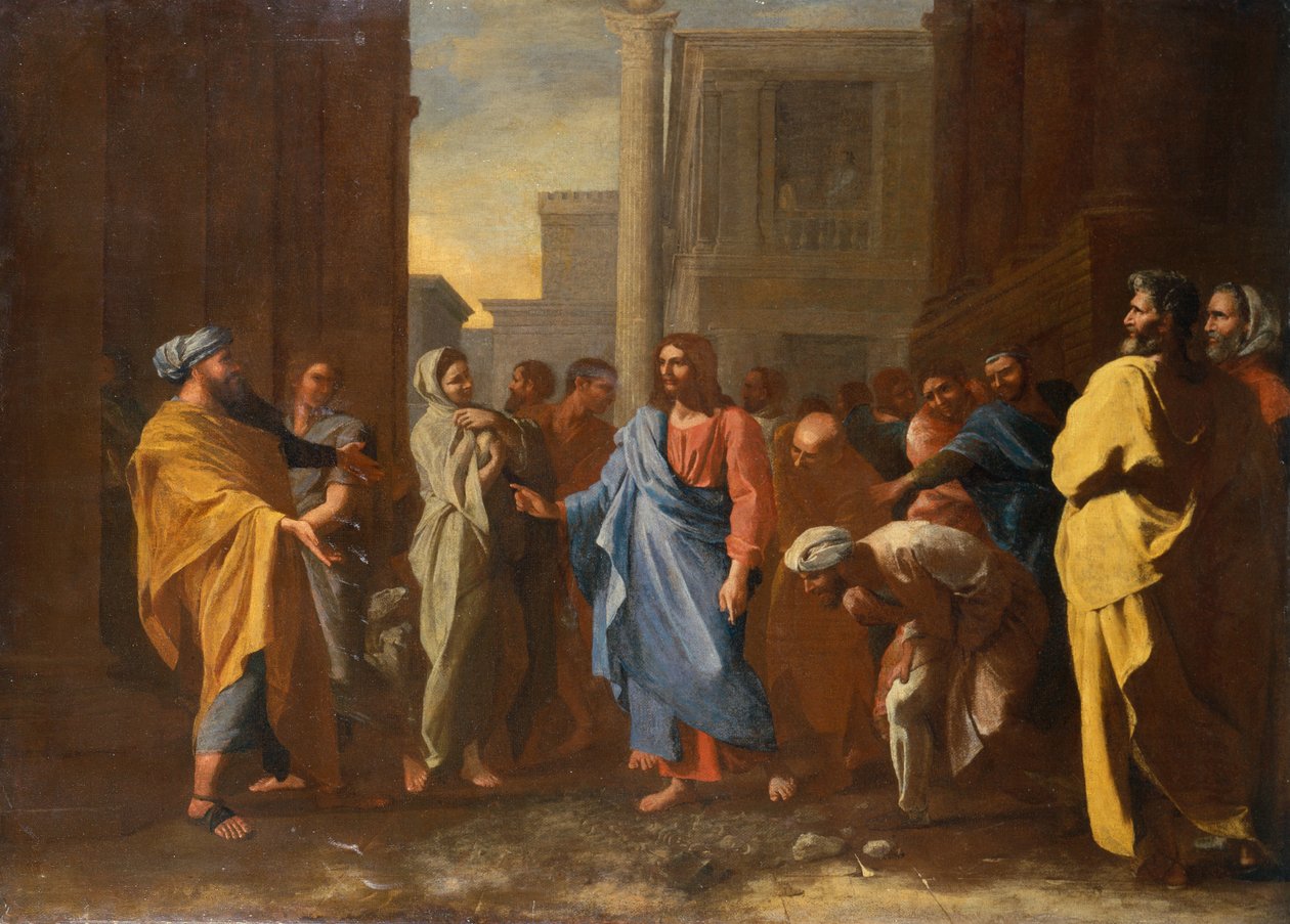 Mesih ve Zina Kadın (petrol) by Nicolas Poussin