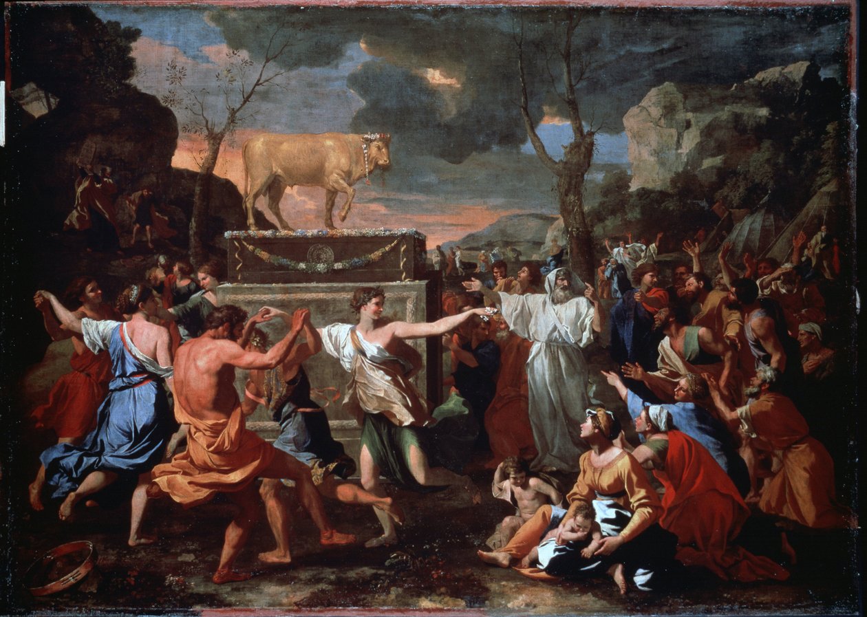 Altın buzağının hayranlığı. İbrani halkı altın buzağı idolünün etrafında dans ediyor. Nicolas Poussin
