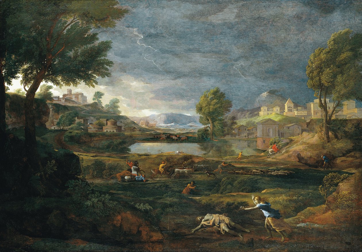 Pyramus ve Thisbe ile Fırtına Sırasında Manzara by Nicolas Poussin