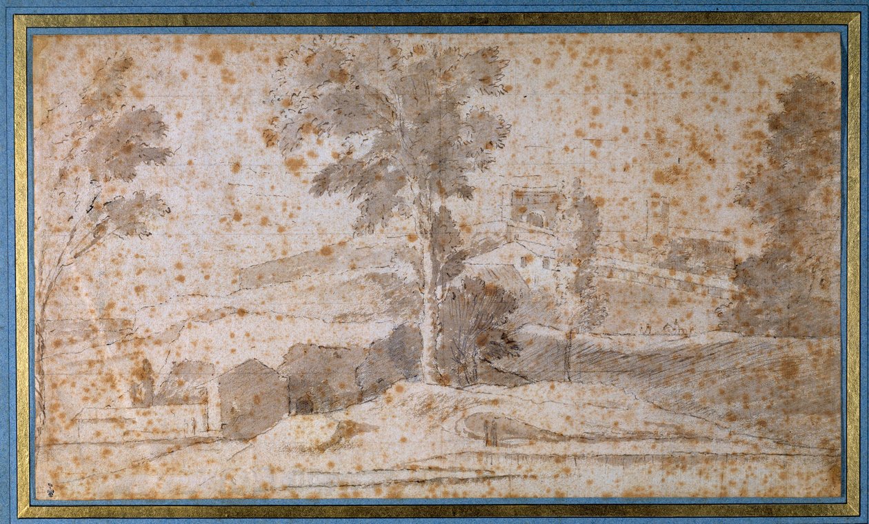 Merkezde büyük bir ağaç ve bir belvedere bulunan manzara by Nicolas Poussin