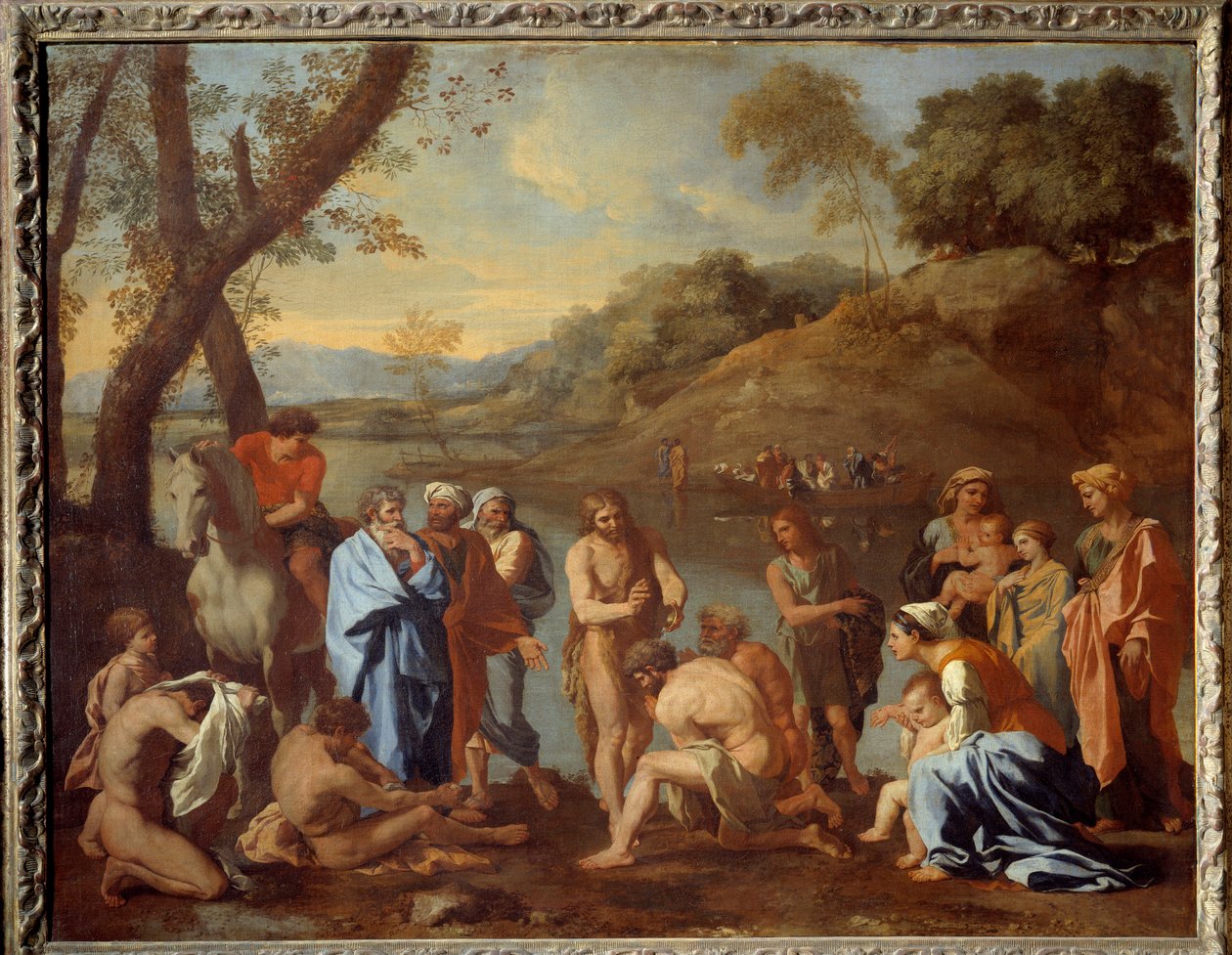 Aziz John insanları vaftiz ediyor. Vaftizci Yahya, insanları bir nehir kıyısında kutsadı. Nicolas Poussin tarafından boyama by Nicolas Poussin