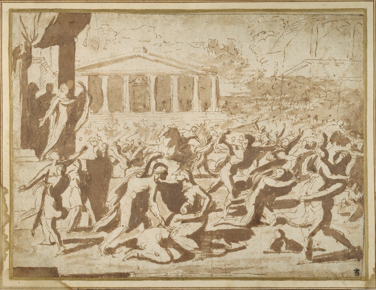 Sabine Kadınlarının Kaçırılması Çalışması, c.1633 (kağıt üzerinde mürekkep ve yıkama) by Nicolas Poussin