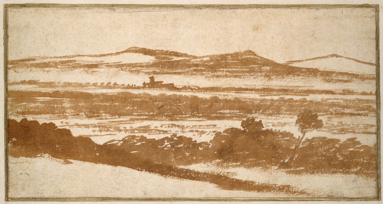 Uzaktaki Tepelere doğru bir Vadi manzarası (fırça ve kırmızımsı-kahverengi kaplama, kirli beyaz kağıt üzerinde, beyaz bir kart yuvasına yerleştirilmiş) by Nicolas Poussin
