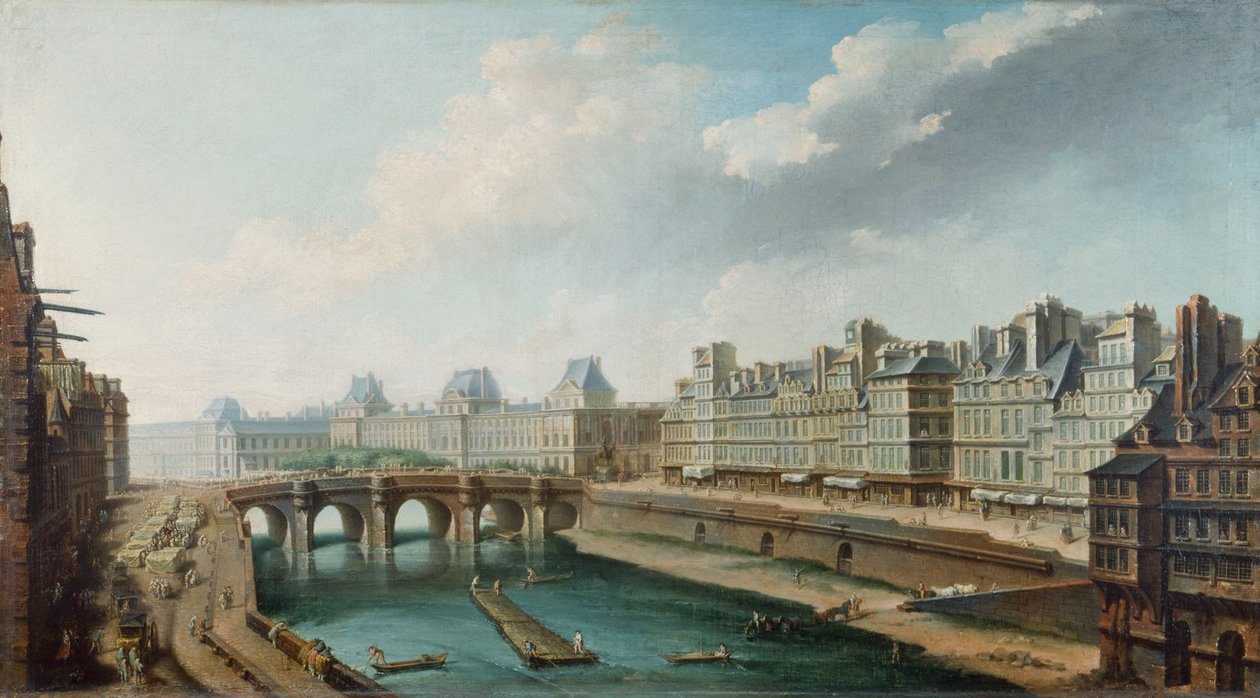 Quai des Grands Augustins'den Louvre Sarayı, Pont Neuf ve Quai des Orfevres'in görünümü, 1760 dolayları (tuval üzerine yağlıboya) by Nicolas Raguenet
