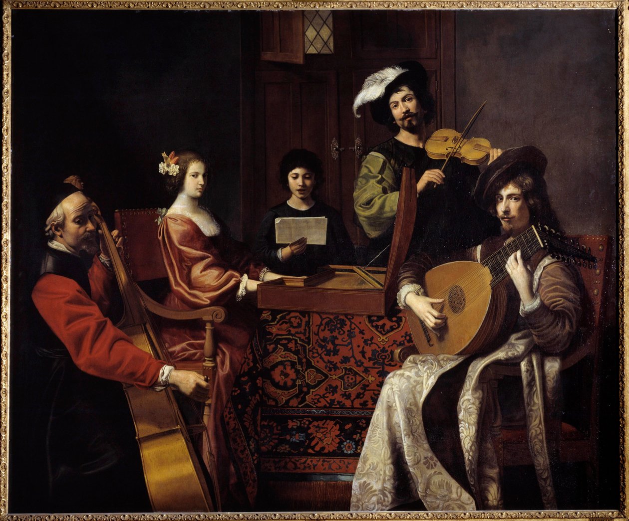 Barok müzik: “” Konser””” Yaylı çalgılar çalan müzisyenler. Nicolas Tournier (1590-1657) tarafından boyama 17. yüzyıl Güneşi. 1,88x2,26 m by Nicolas Tournier