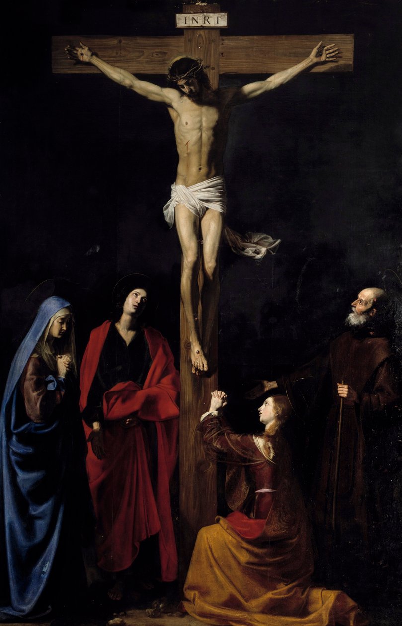 Çarmıhta İsa, Bakire, Madeleine, Saint John ve Saint Vincent de Paul Yazıtı “”INRI”” çarmıhta. Nicolas Tournier