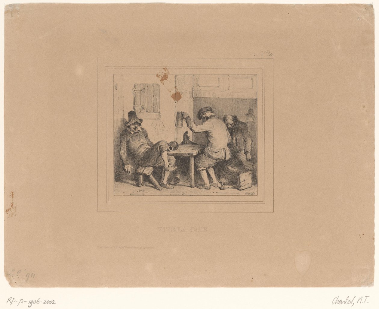 Bir barda üç sarhoş köylü Vive la joie (nesnedeki başlık) Eskizler 1837 (dizi başlığı) Croquis by Charlet 1837 (seri başlığı) by Nicolas Toussaint Charlet