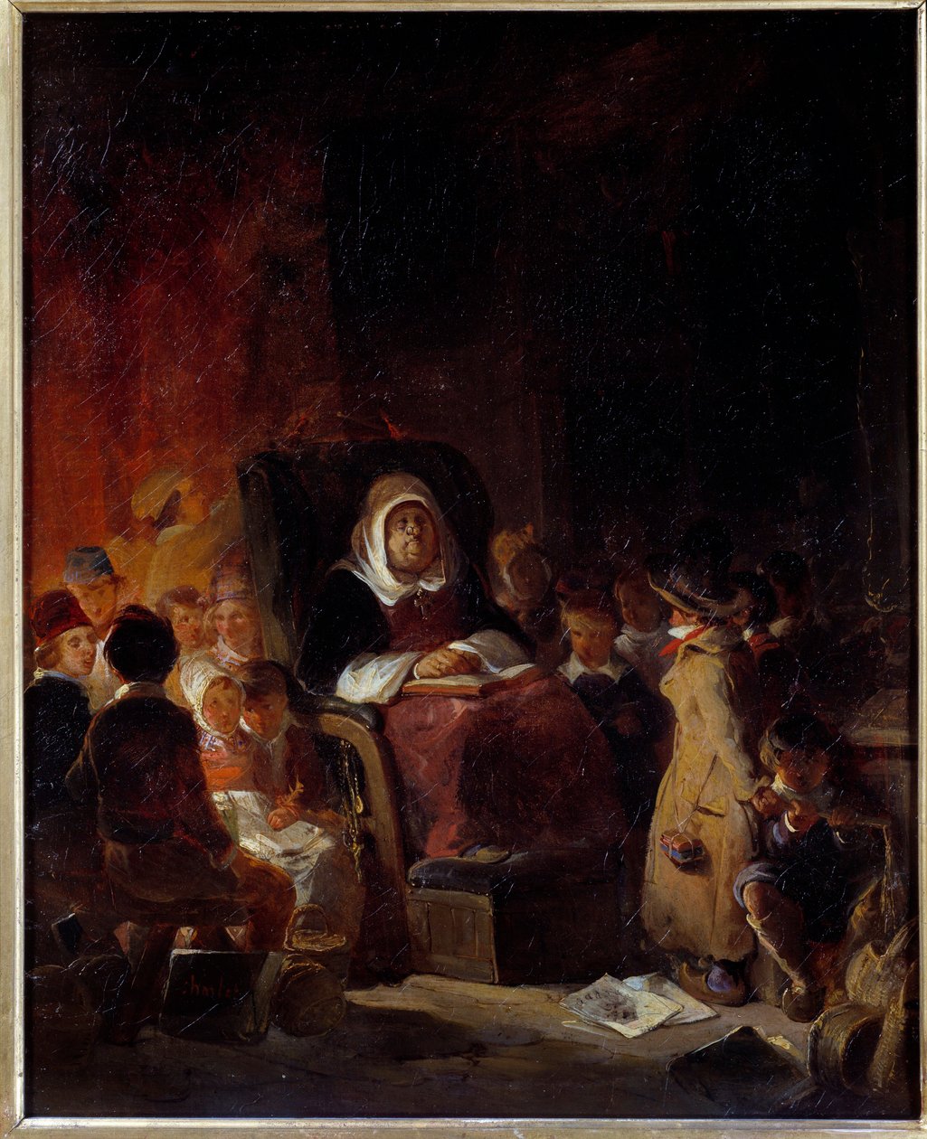 Okul öğretmeni Yaşlı bir öğretmen öğrenciler arasında uyuyor. Nicolas Toussaint Charlet'in (1792-1845) 19. yüzyıl Güneşi tablosu. 0.46 X 0.37 m Rouen, Güzel Sanatlar Müzesi by Nicolas Toussaint Charlet