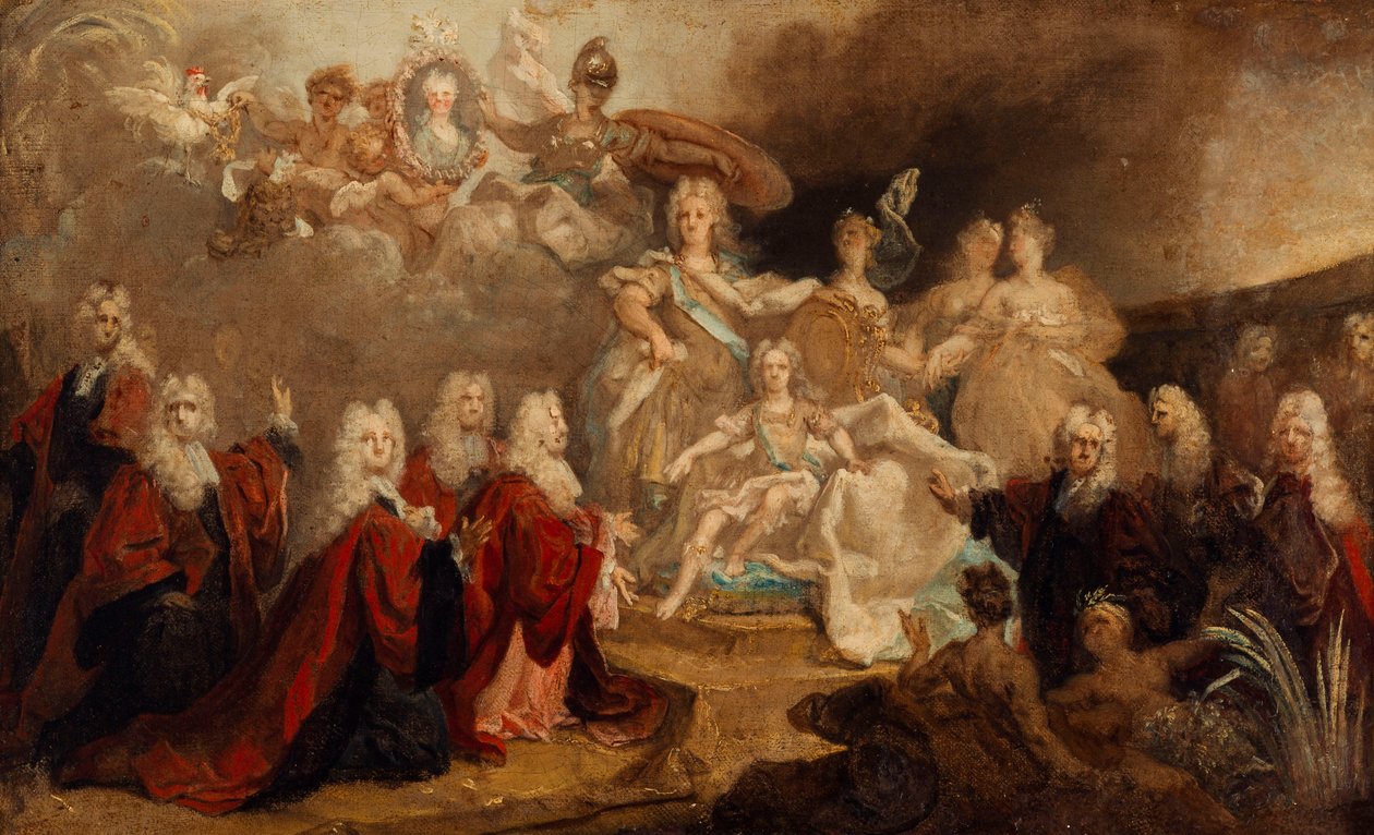 Louis XV ve İspanya#39;dan küçük Marie Anne Victoire#39;ın nişanı için Paris şehri tarafından yaptırılan alegorik tablonun taslağı by Nicolas de Largillière