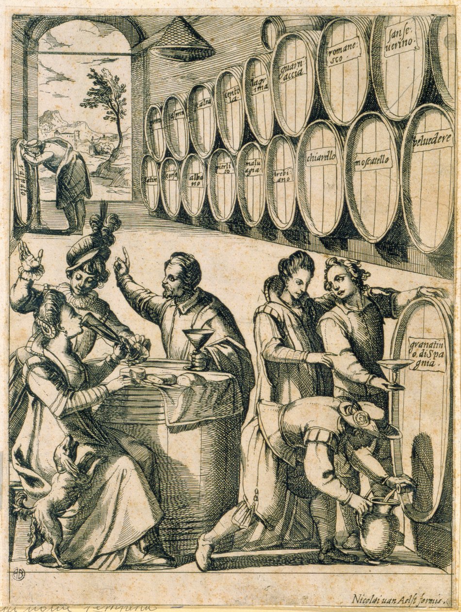 Şarap mahzeninde içenler (fıçıların üzerinde Roma şaraplarının isimleri yazılıdır) by Nicolaus van Aelst
