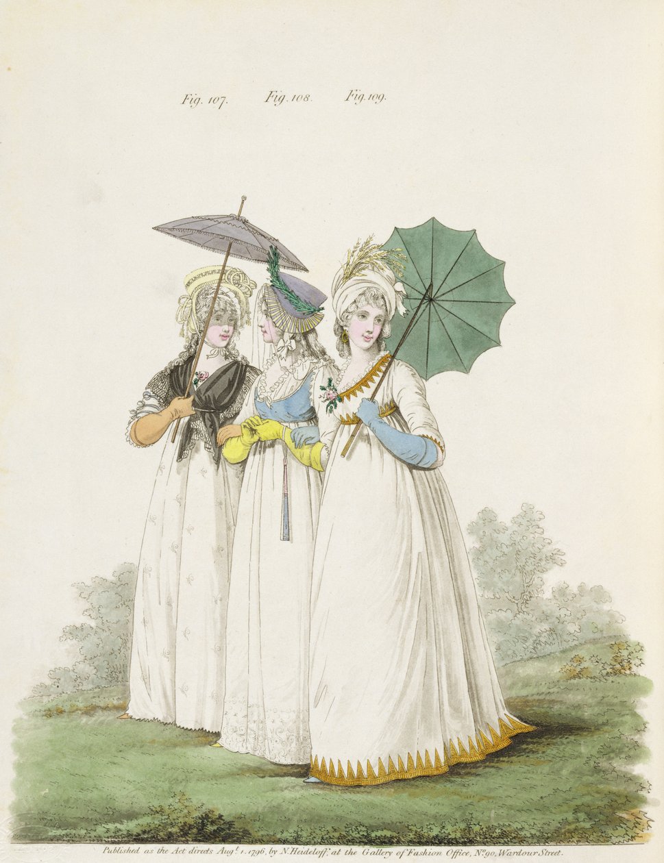 Sabah elbiseleri, incir. Nikolaus Heideloff'un “Moda Galerisi”nden 107, 108 ve 109, Cilt. II, Ağustos 1796 (baskı) by Nicolaus von Heideloff
