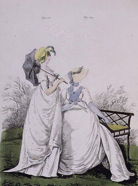 Sabah elbiseleri, incir. Nikolaus Heideloff'un "Moda Galerisi" Cilt II, Haziran 1802'den 338 ve 339 (baskı) by Nicolaus von Heideloff