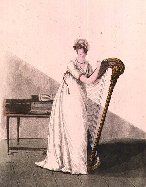 Heideloff "Moda Galerisi"nden arplı genç kadın, 19. yüzyılın başlarında (renkli gravür) by Nicolaus von Heideloff
