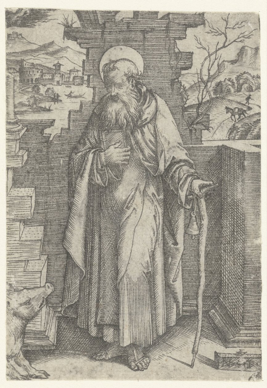 Tau haç ve domuz ile Büyük Aziz Anthony by Nicoletto da Modena