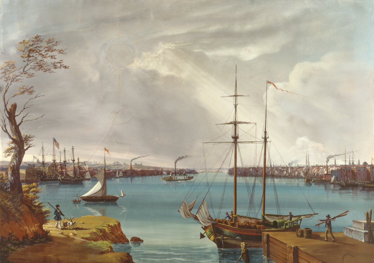 New York, Brooklyn ve Navy Yard'ın Willamsburg yakınlarındaki Heights'tan çekilmiş görünümü, c.1835-45 (kağıt üzerinde guaj, wc) by Nicolino Calyo