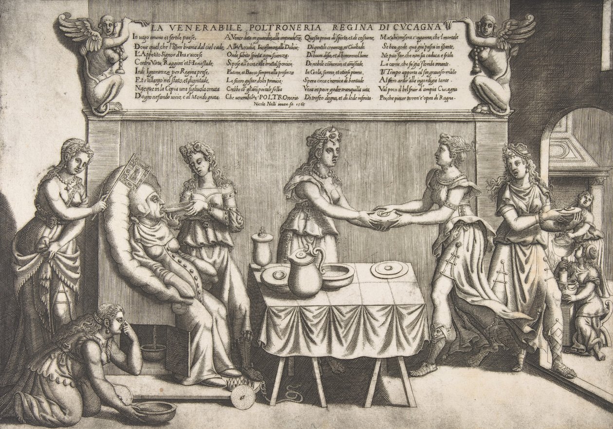 Saygıdeğer Aylaklık, Cockaigne Kraliçesi, hareketli bir tuvalet sandalyesine oturan şişman bir kadın..., 1565. by Nicolo Nelli