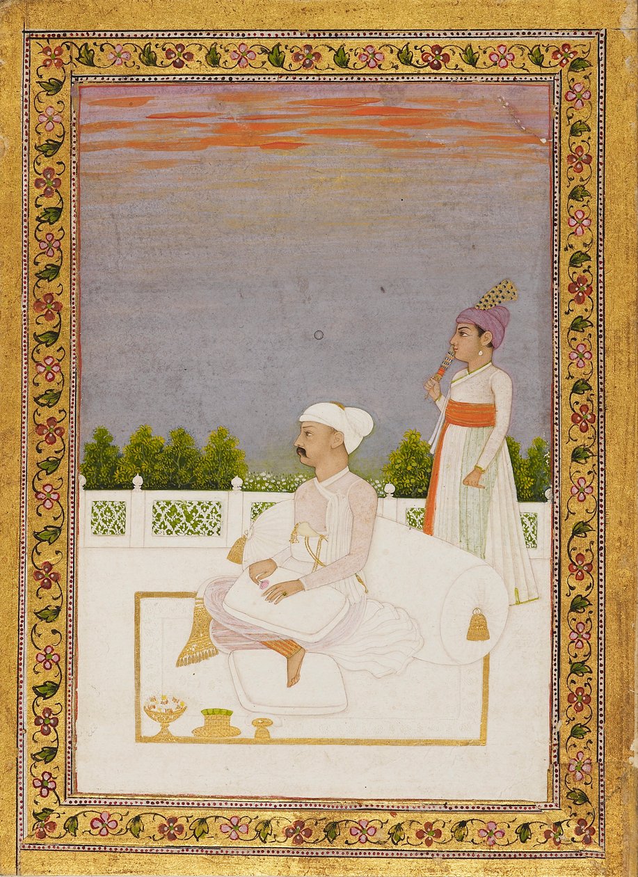 Asilzade, muhtemelen Mir Qasim, görevliyle birlikte bir terasta oturuyor, 18. yüzyıl by Nidhama