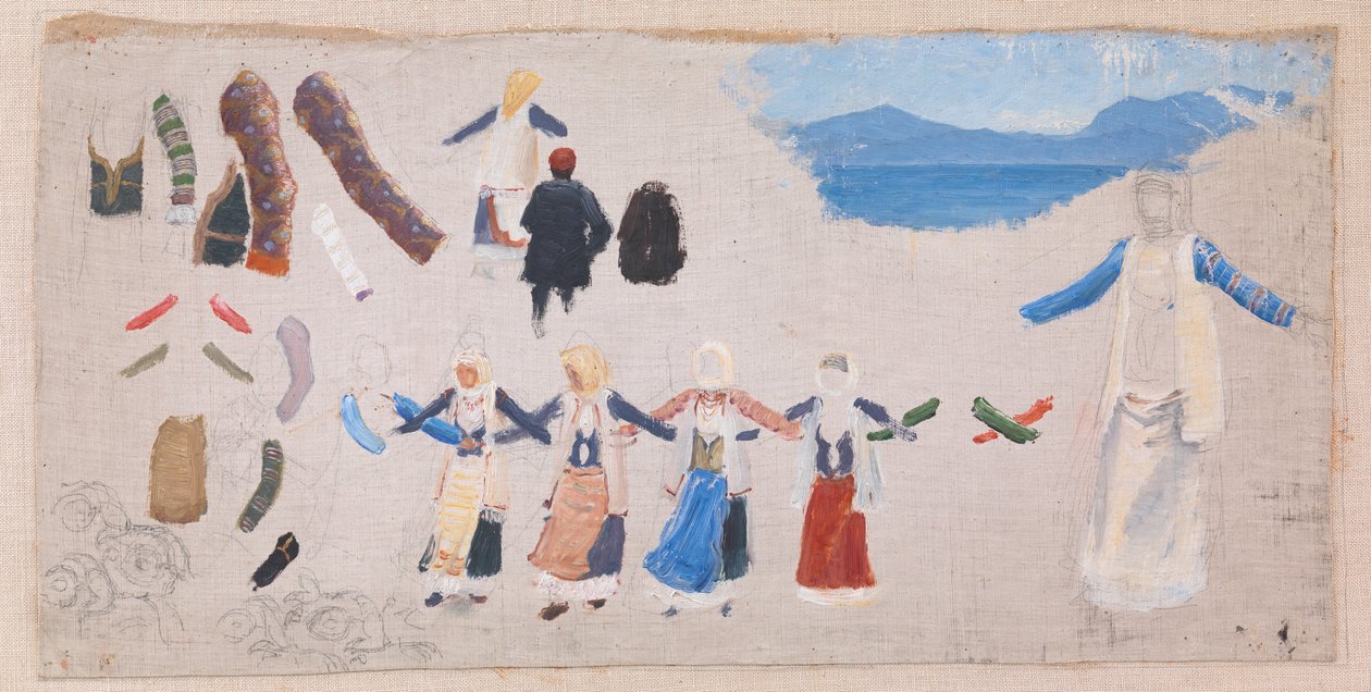 Dans eden kadınlar, kostüm detayları ve bir manzara by Niels Skovgaard