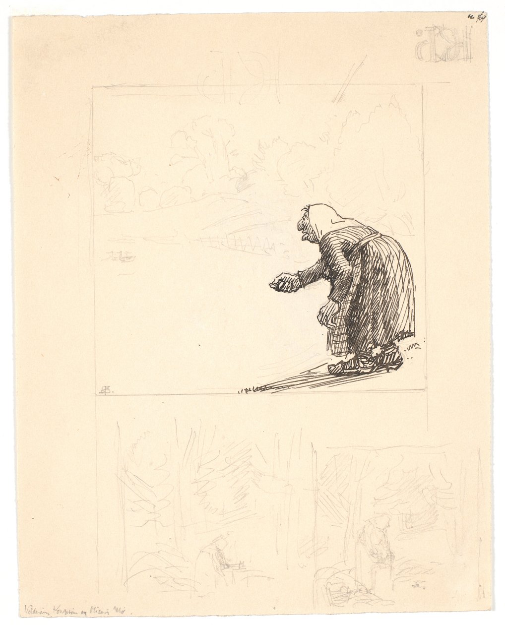 Taslak "Vilderik Kongesøn og Miseri Mø" (f.o.) ve "Den lille argo" (şu anda iki hazırlık çalışması) by Niels Skovgaard