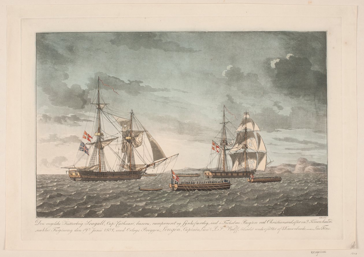 İngiliz kesici brig Seagull brig Lougen ile savaştan sonra, 19 Haziran 1808 by Niels Truslew