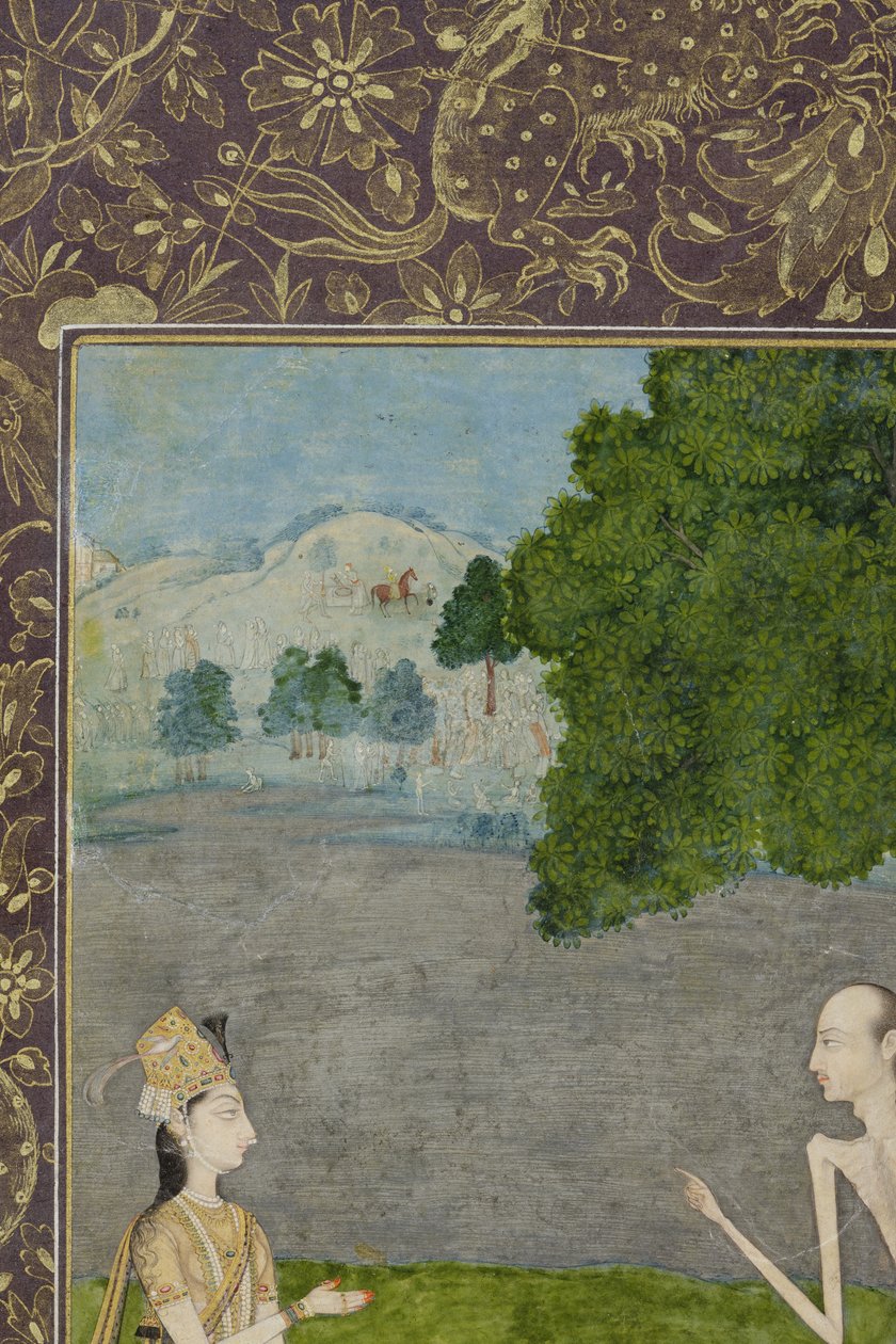 Leyla ve Mecnun bir ağacın altında sohbet ediyor, detay, c.1730 (kağıt üzerinde opak wc ve altın) by Nihal Chand