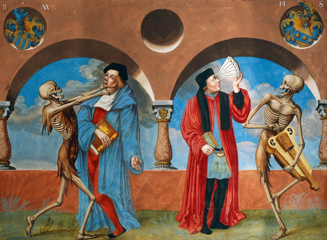 Albrecht Kauw tarafından Ölüm Dansı döngüsünden Ölüm, Canon avukatı ve Astrolog by Niklaus Manuel