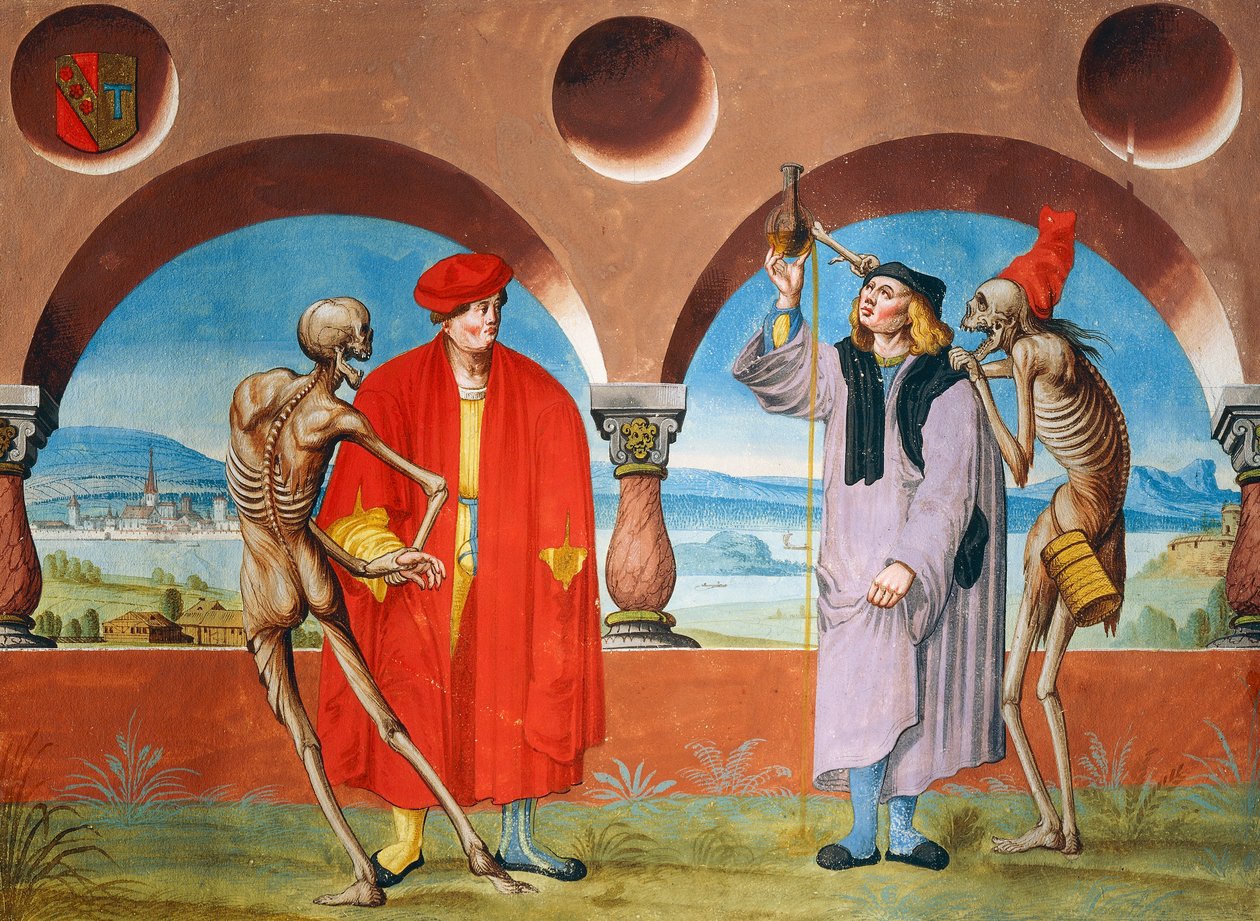 Albrecht Kauw tarafından Ölüm Dansı döngüsünden Ölüm, Avukat ve Doktor by Niklaus Manuel