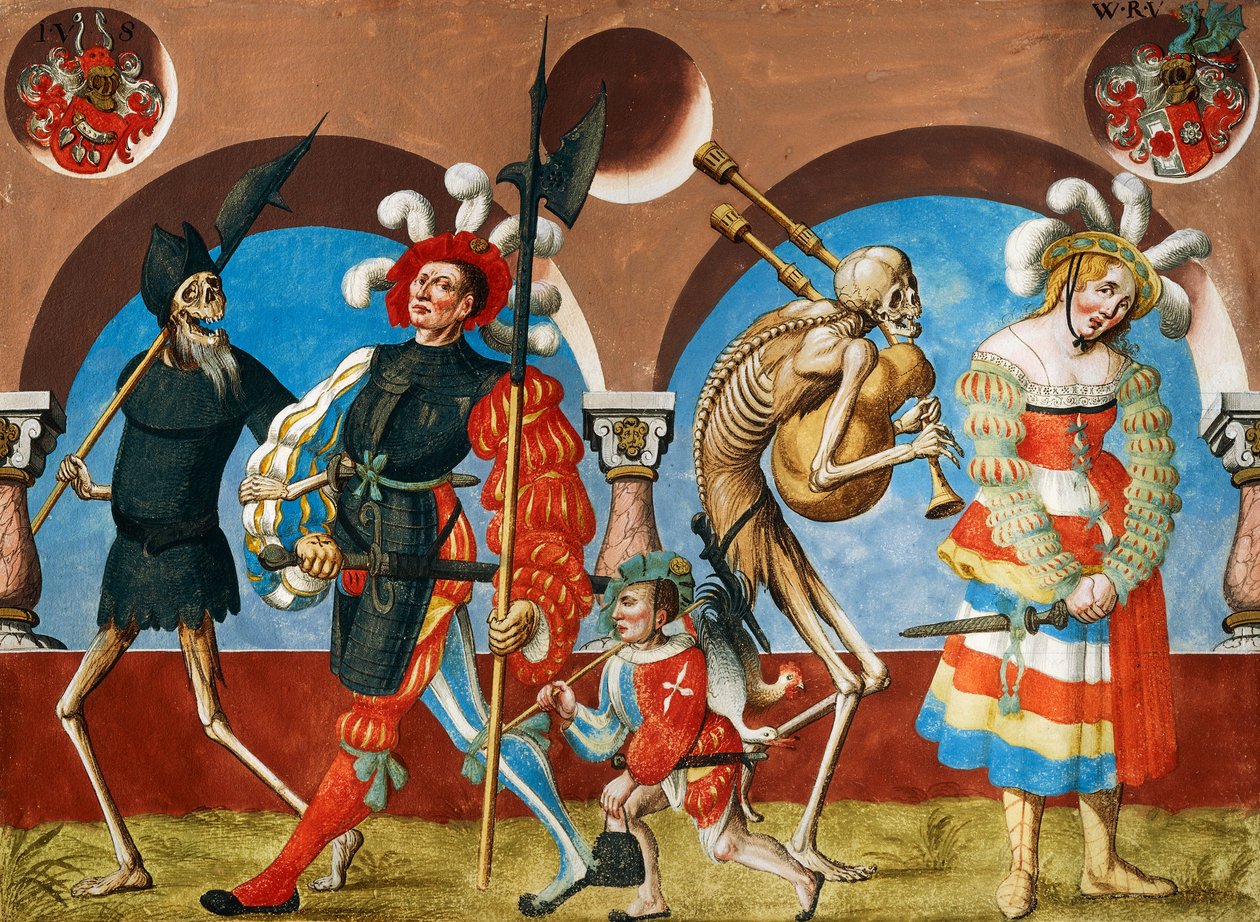 Albrecht Kauw tarafından Ölüm Dansı döngüsünden Ölüm, Paralı Asker ve Fahişe by Niklaus Manuel