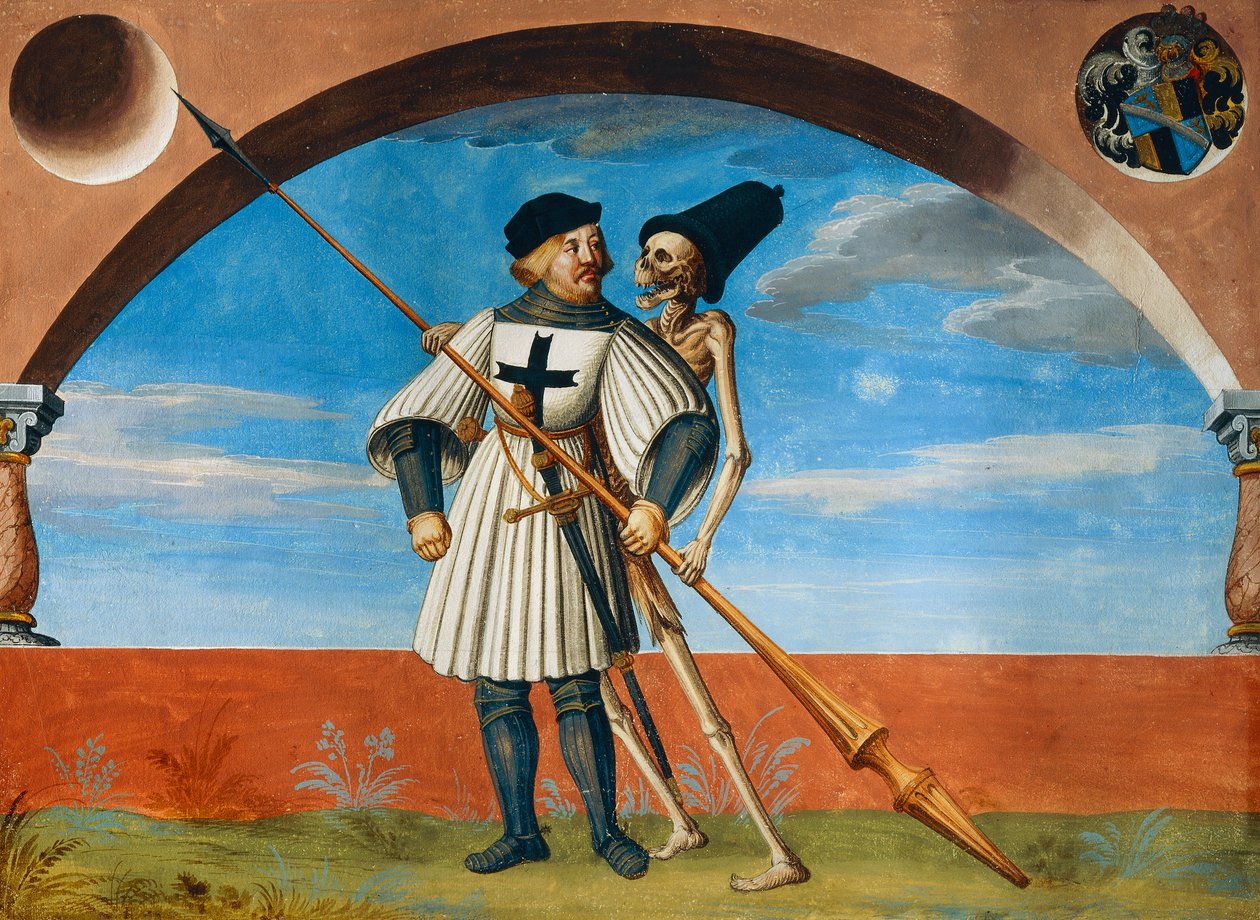 Albrecht Kauw tarafından Ölüm Dansı döngüsünden Ölüm ve Cermen Şövalyesi by Niklaus Manuel