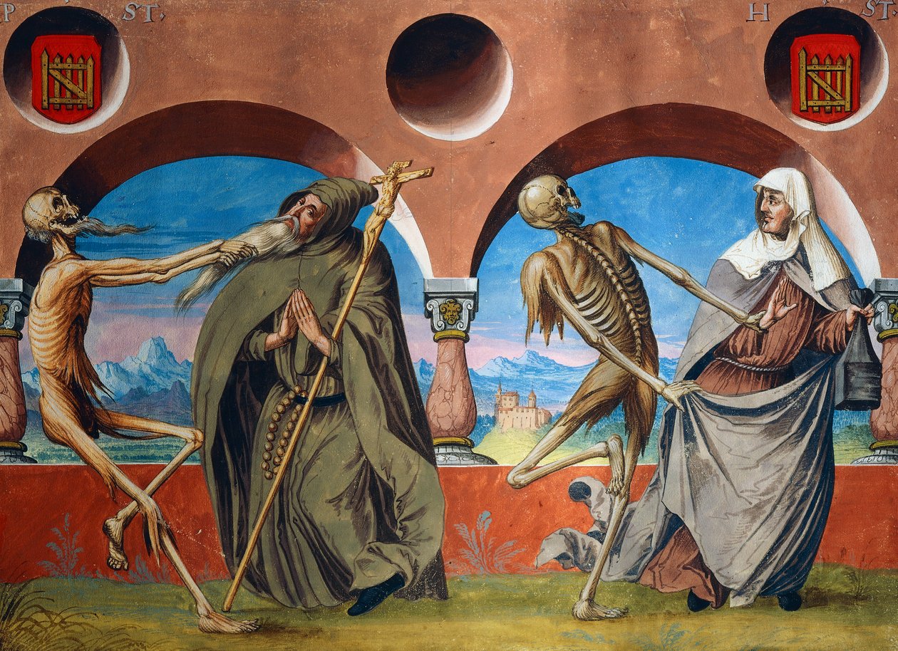 Albrecht Kauw tarafından Ölüm Dansı döngüsünden Ölüm, keşiş ve Beguine by Niklaus Manuel