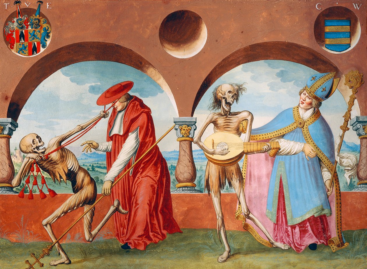 Albrecht Kauw tarafından Ölüm Dansı döngüsünden Ölüm, Patrik ve Piskopos by Niklaus Manuel