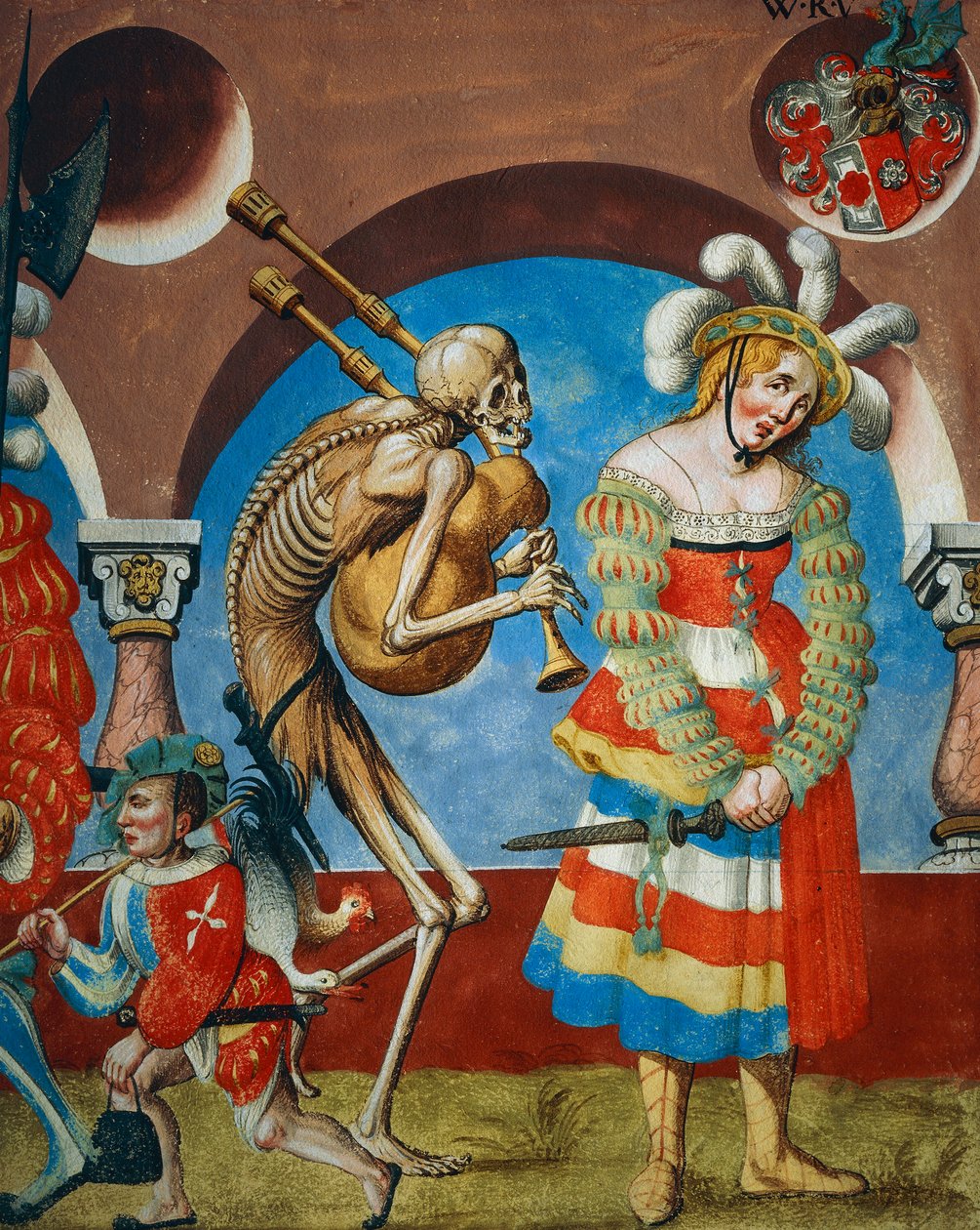 Gayda ve Fahişe ile Ölüm, Ölüm Dansı döngüsünden Ölüm, Paralı Asker ve Fahişe detayı, Albrecht Kauw by Niklaus Manuel