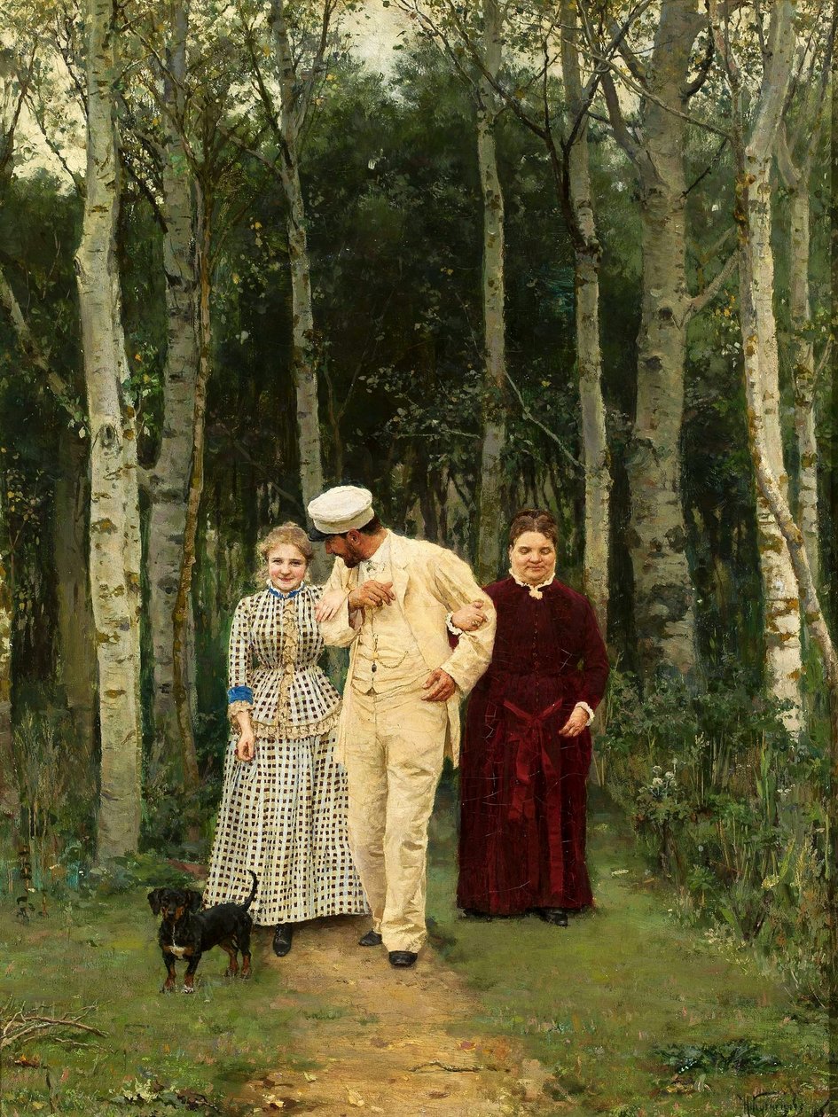 Kur yapma Kırsalda bir yürüyüş. by Nikolai Dmitrievich Kuznetsov