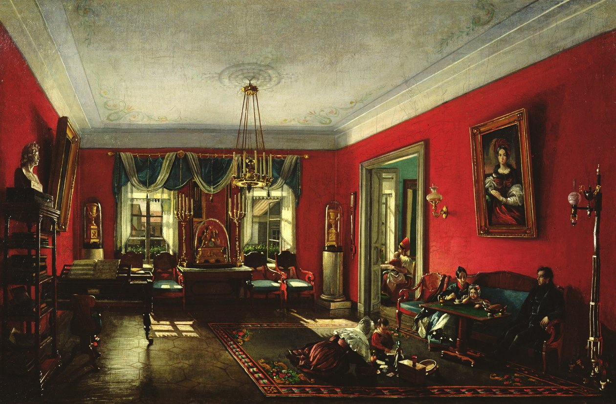 The Nashchokin family in drawing room  by Nikolai Ivanov Podklutchnikov