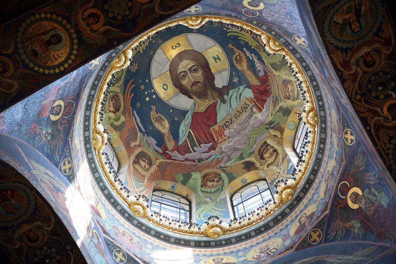 Christ Pantocrator, Dökülen Kan Üzerindeki Kurtarıcı Kilisesi'nin tavanı, St Petersburg, Rusya by Nikolai Nikolayevich Kharlamov