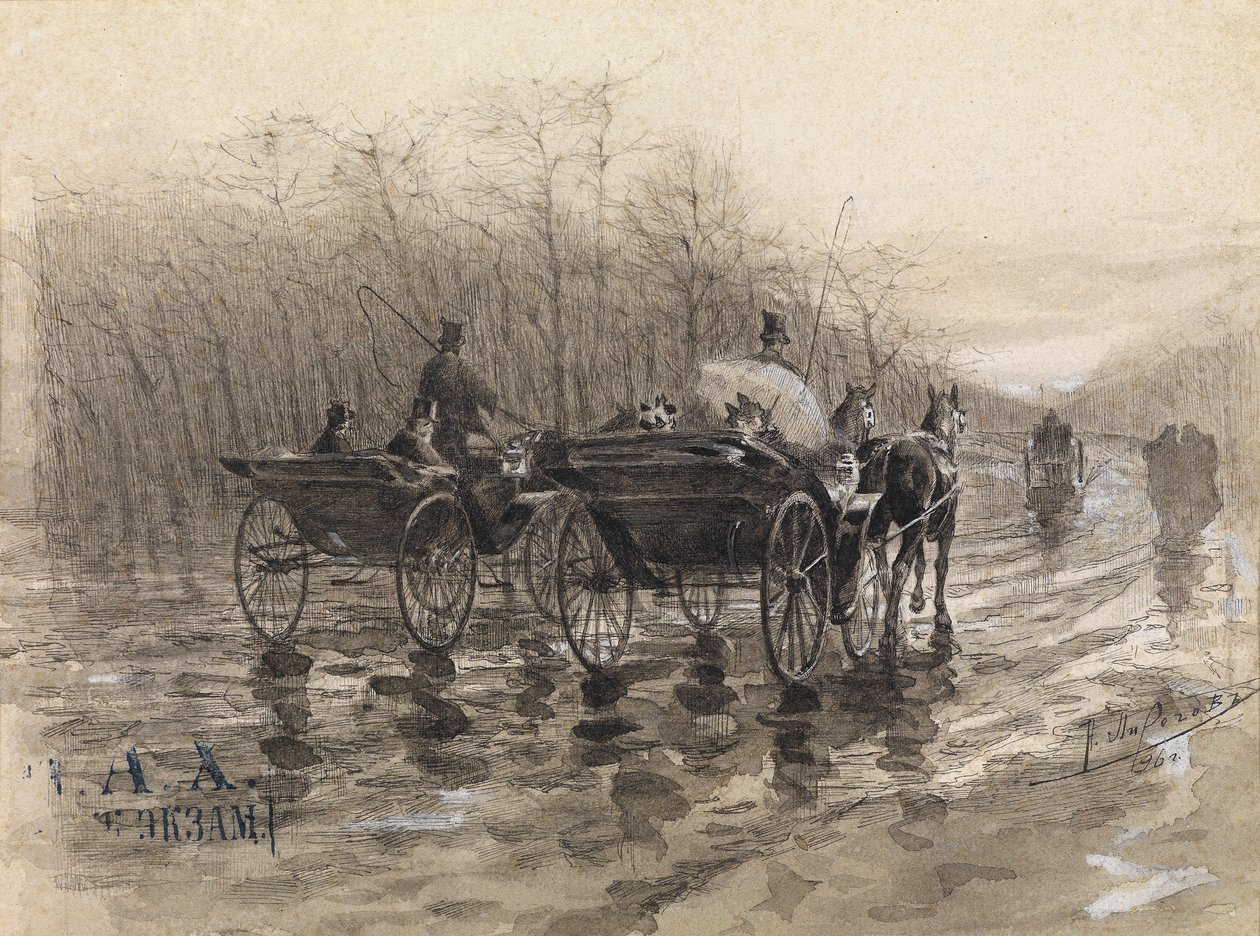 Baharda yolda iki araba by Nikolai Vasilevich Pirogov