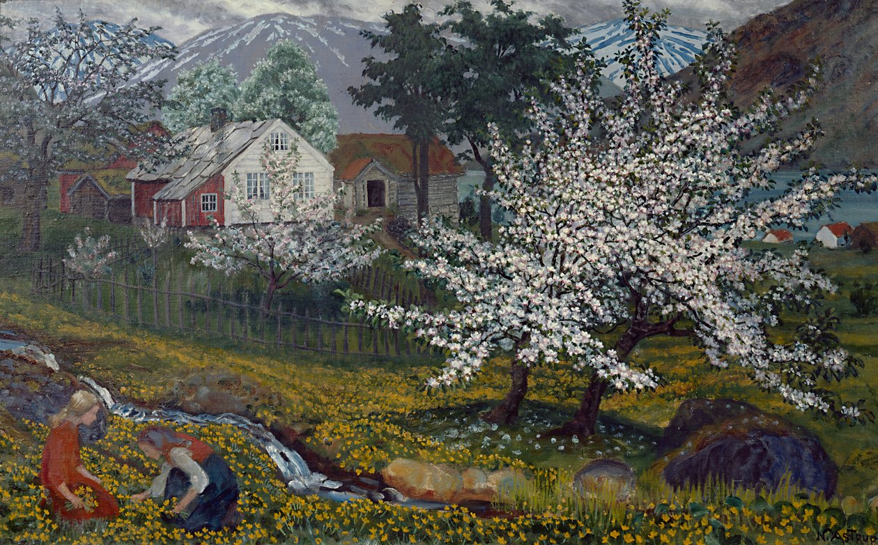 Çiçek Açan Elma Ağacı, Strømsbo Çiftliği, c.1912 (tuval üzerine yağlı boya) by Nikolai Astrup